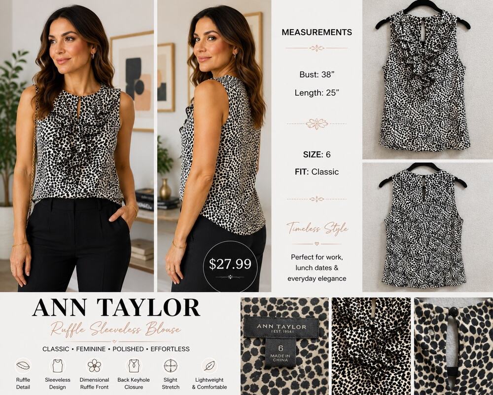 Ann Taylor Women’s Black/White Animal Print Ruffle Sleeveless Button Blouse 6